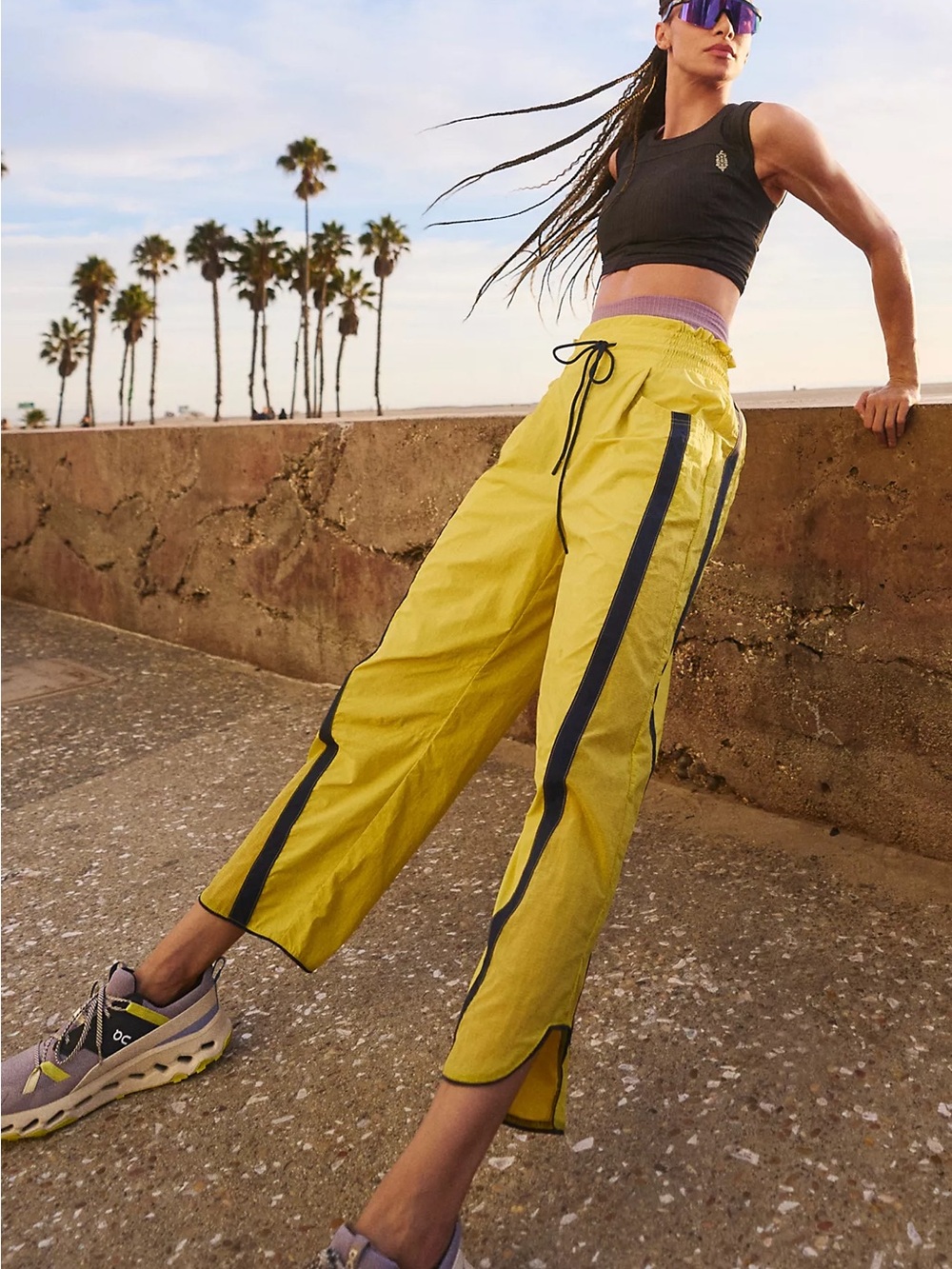 Free People Champ is Here Lime Track Joggers with Navy Side Stripes